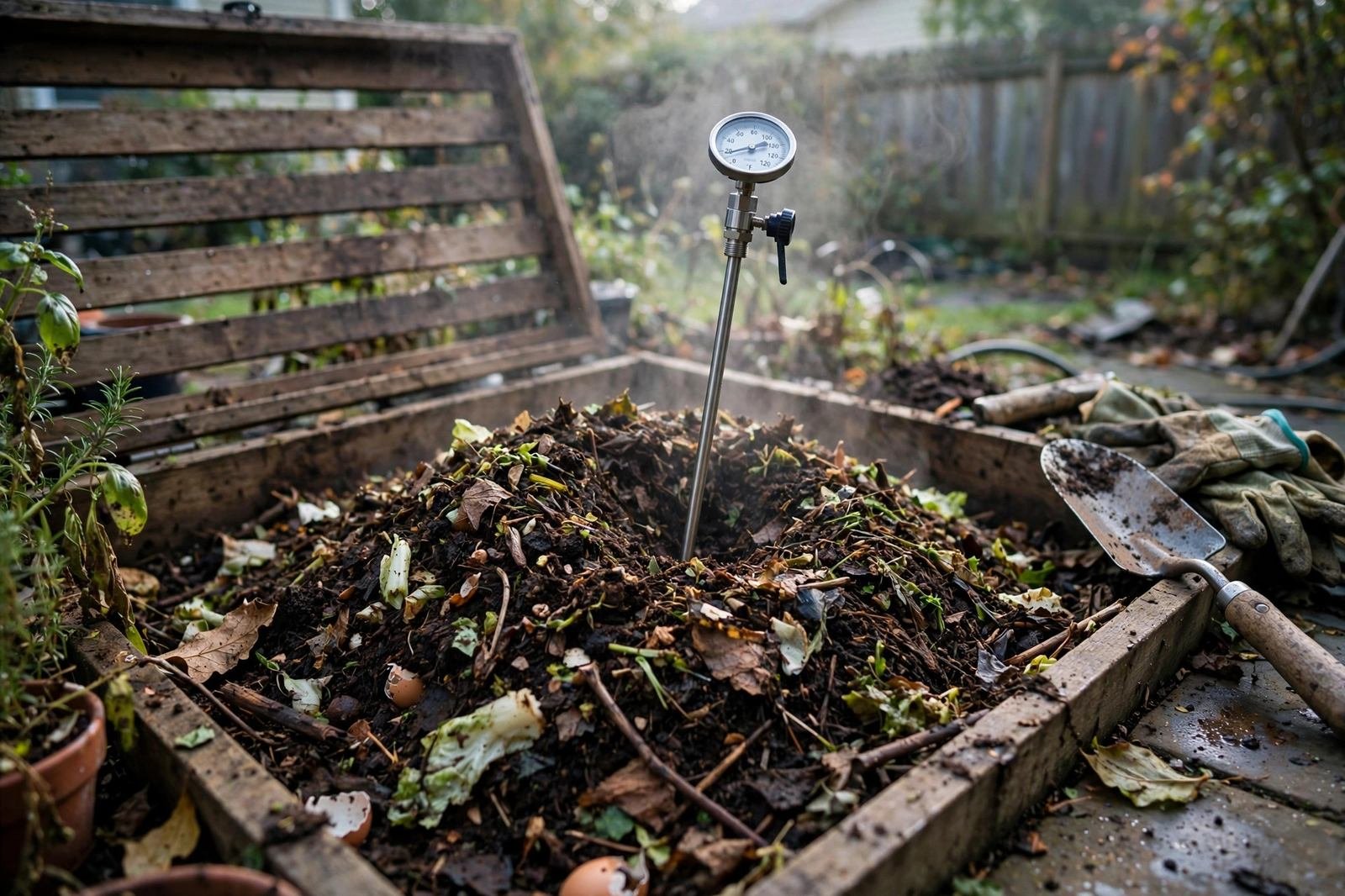 Long-probe compost thermometer inserted into the center of a compost pile