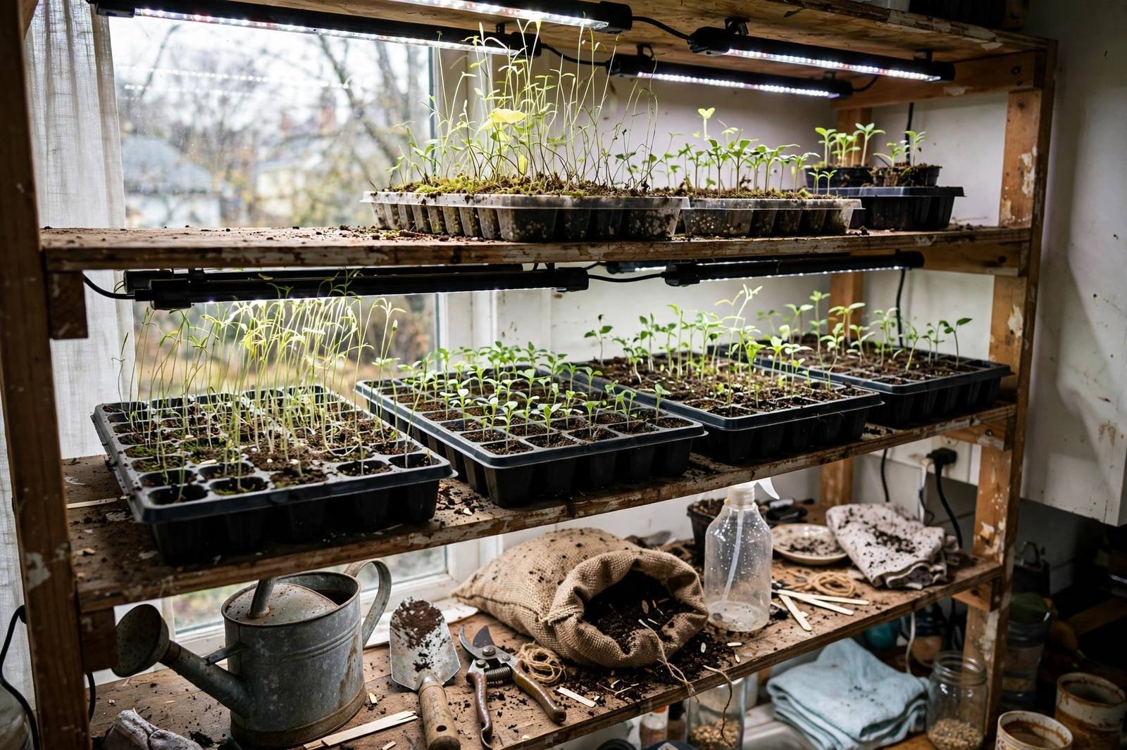 Seedling trays on an indoor shelf under LED grow lights with some seedlings tall and leggy reaching toward the light