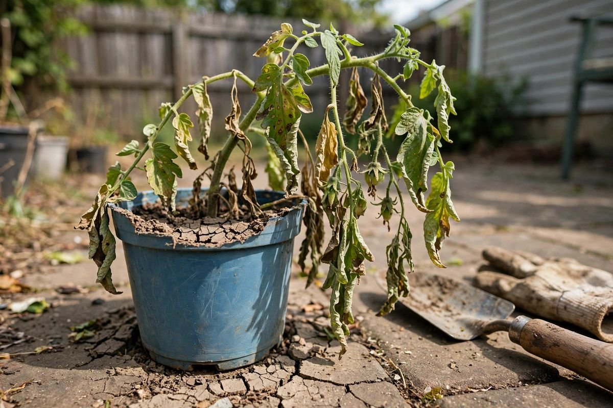 Wilting tomato plant in a pot far too small, soil dry and shrunken