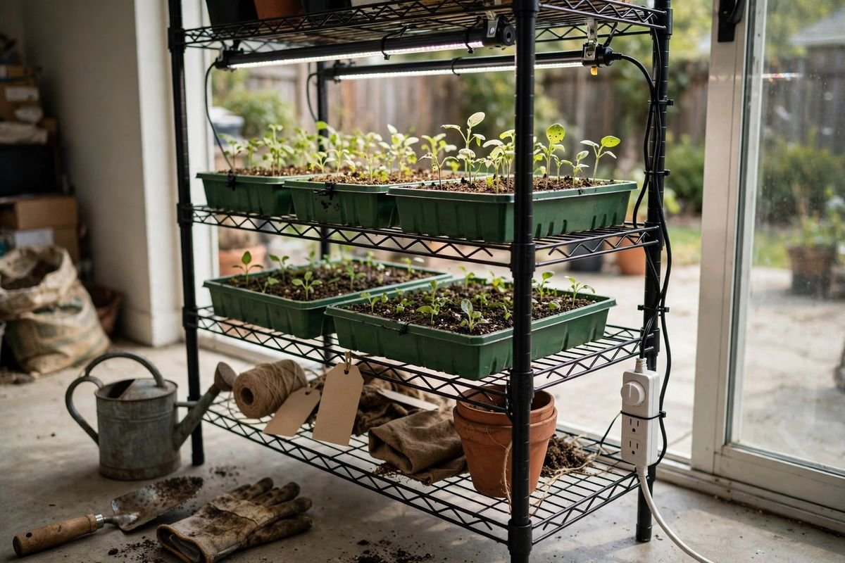Wire shelf seed-starting setup with an outlet timer on the shelf leg, seed trays with handwritten labels under LED bars and cords routed away from the watering area