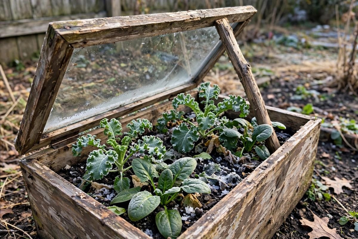 Wooden cold frame with glass top propped open over kale and spinach on a frosty morning