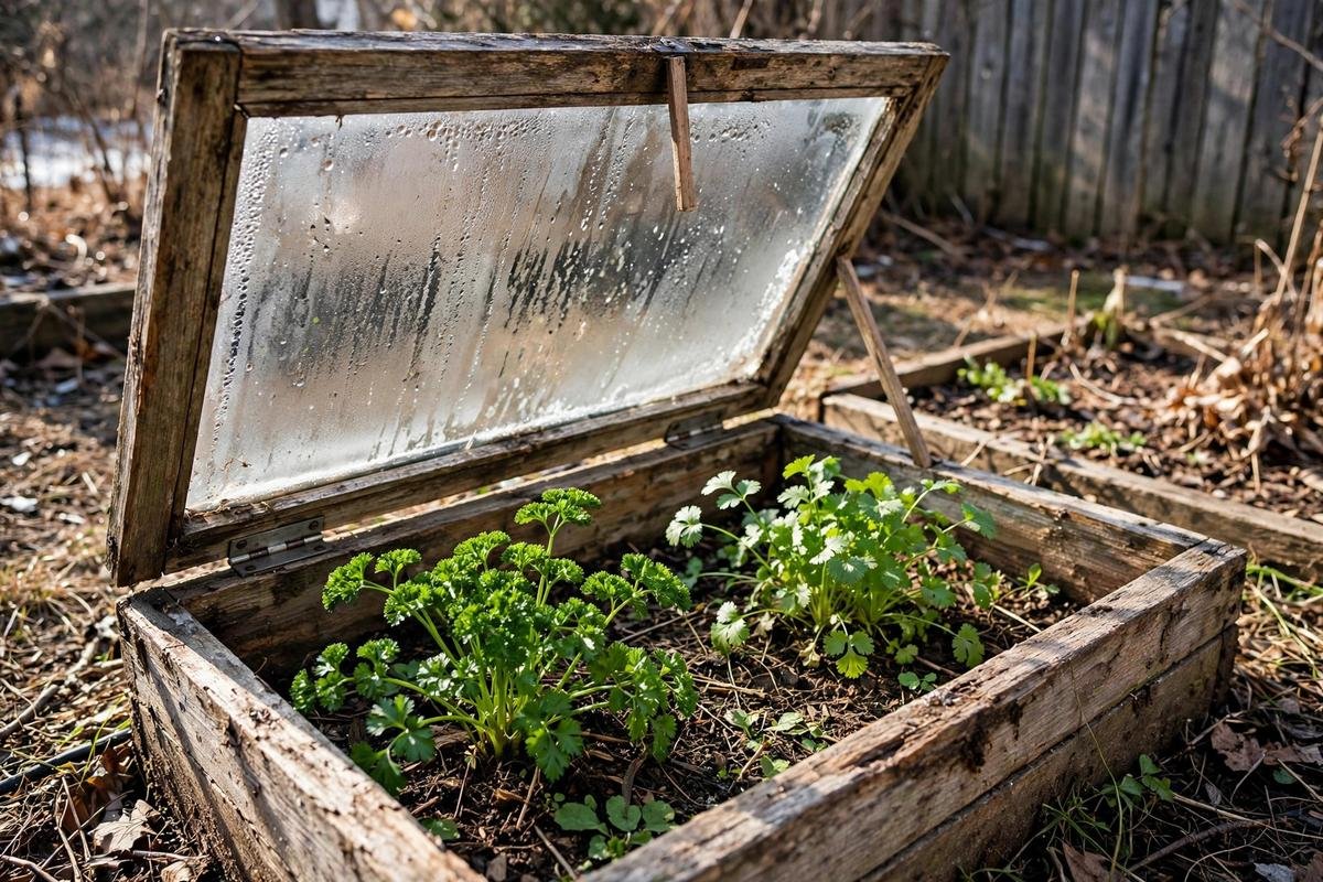 Wooden cold frame with lid propped open over parsley and cilantro on a sunny winter day