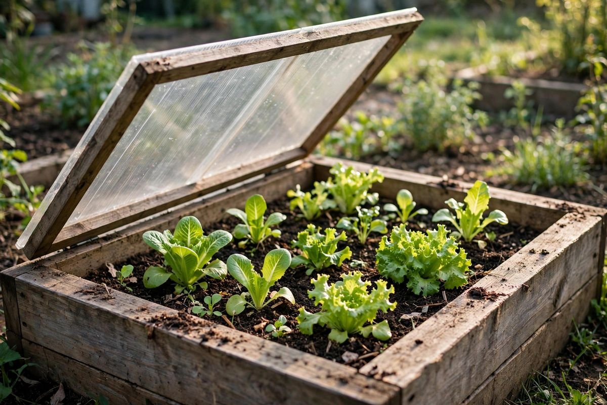 Wooden cold frame with sloped polycarbonate lid open on a small raised bed, soil crumbs on the edge and a handwritten plant label inside