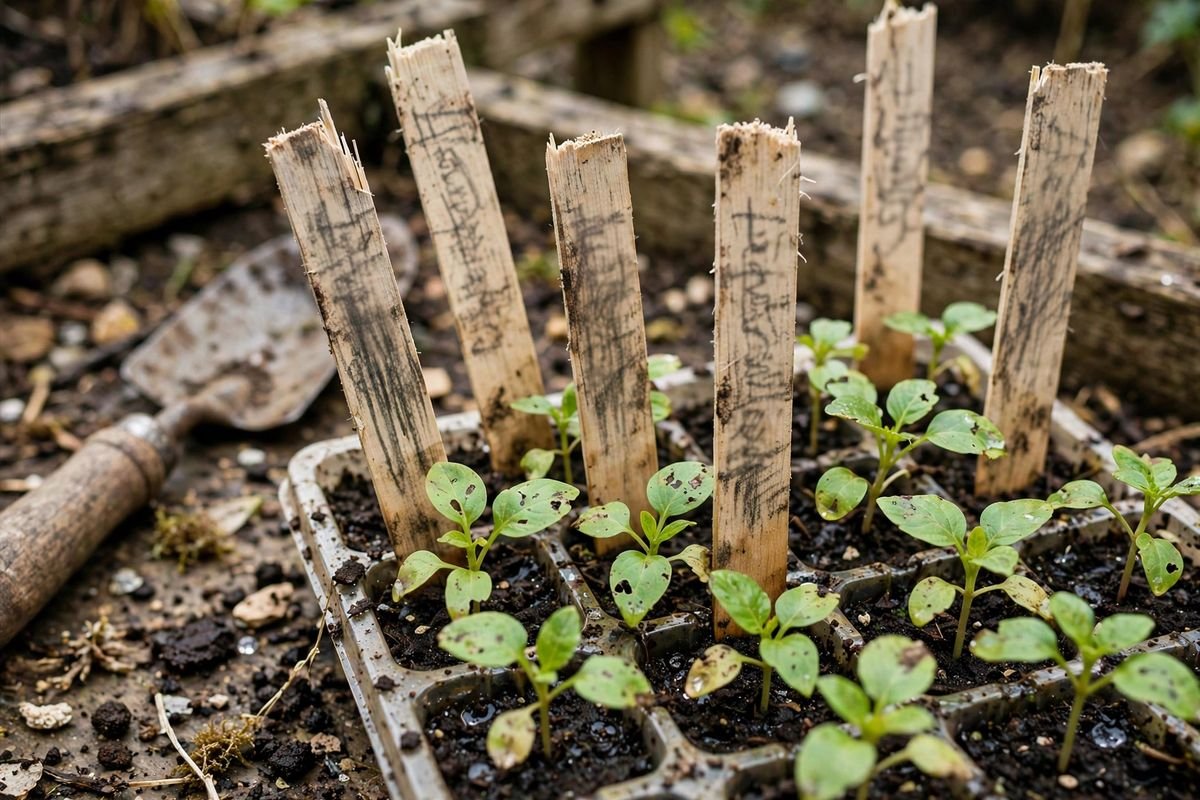 Wooden craft-stick labels in a tray of seedlings, some lettering smudged from watering