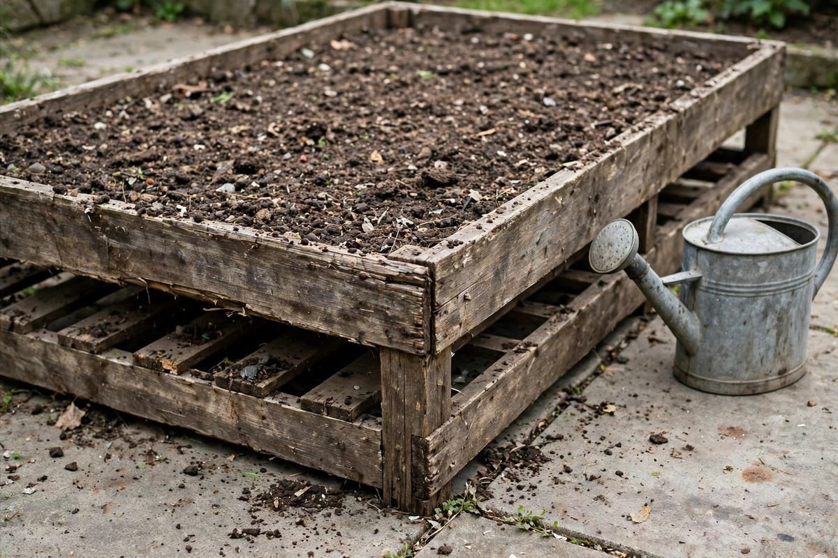 A wooden raised bed with a slatted base standing on a concrete patio, with a watering can beside it