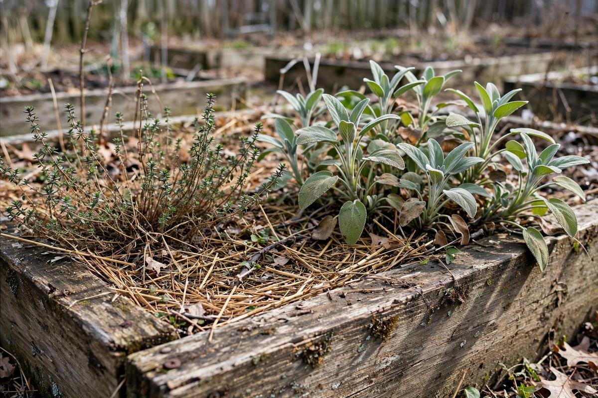 Woody thyme and sage plants with a light layer of straw mulch in a raised bed