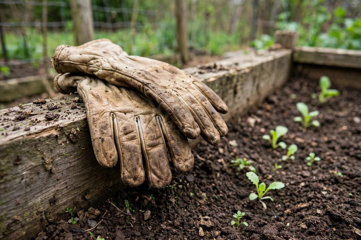 Worn goatskin gardening gloves with soil stains draped over the edge of a raised bed, dirt visible on the palms
