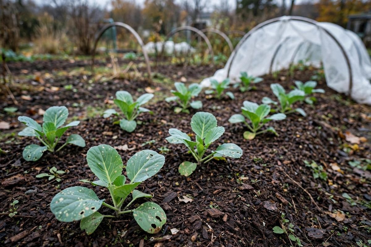 Young cabbage plants spaced in a mulched garden row with row cover nearby