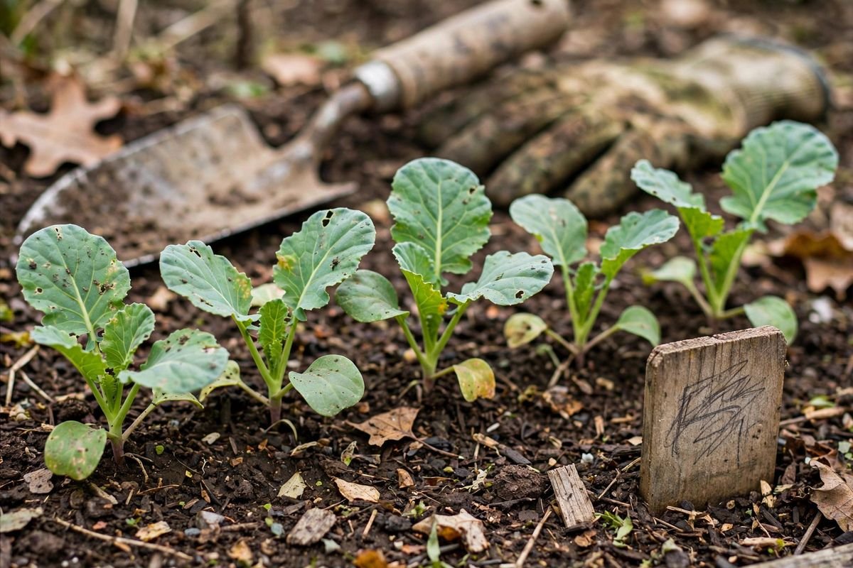 Young collard green seedlings growing in a row in dark garden soil with a handwritten marker