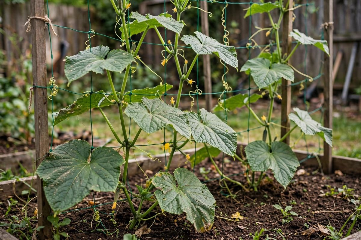 Young cucumber vines climbing a garden trellis with tendrils wrapping the netting