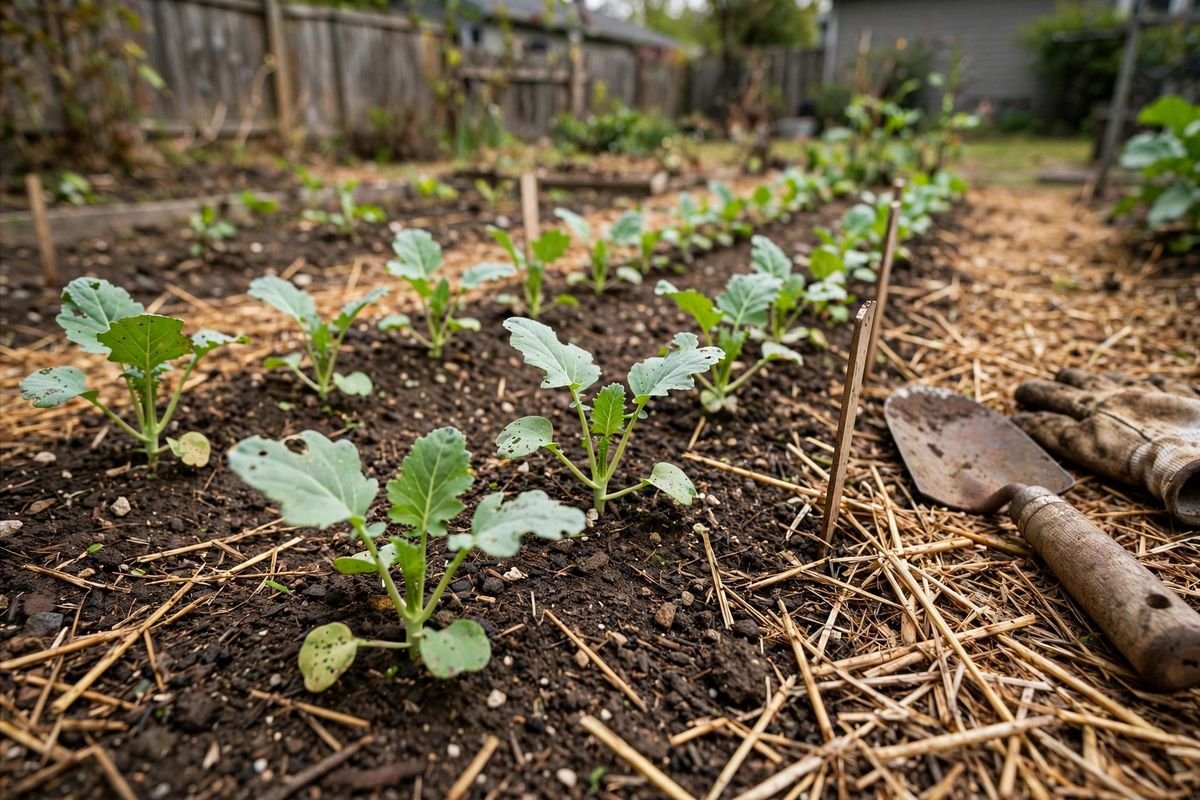 Young kohlrabi seedlings in neat rows in dark garden soil with straw mulch
