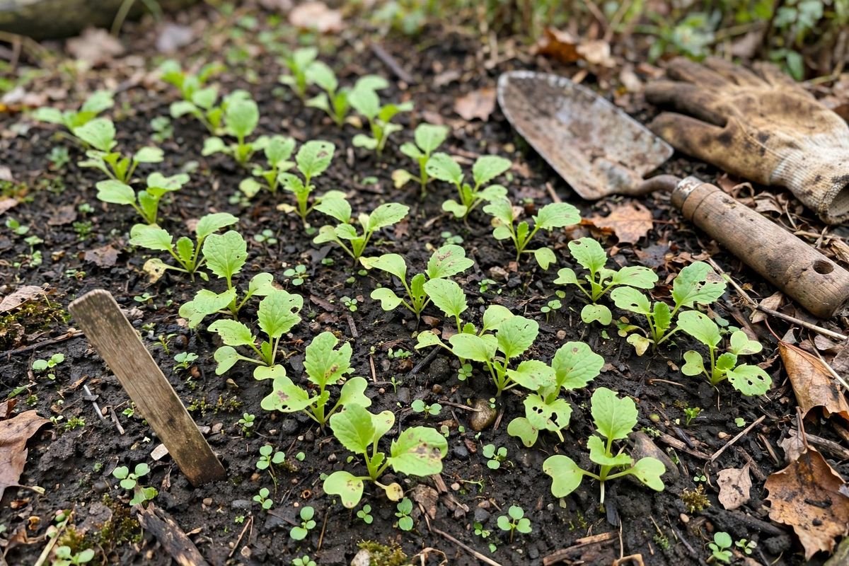 Young mustard green seedlings emerging in rows in dark moist garden soil