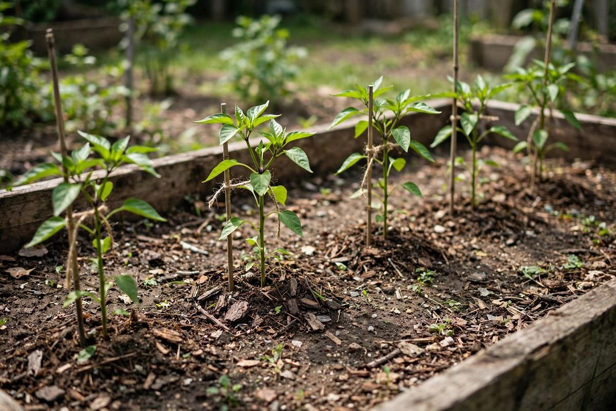 Young pepper plants spaced in a raised bed with mulch and small support stakes