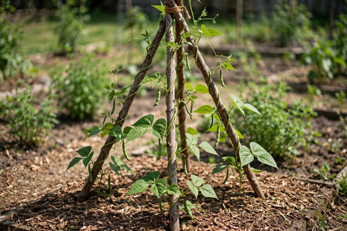 Young pole bean vines twining up a wooden teepee trellis in a sunny bed