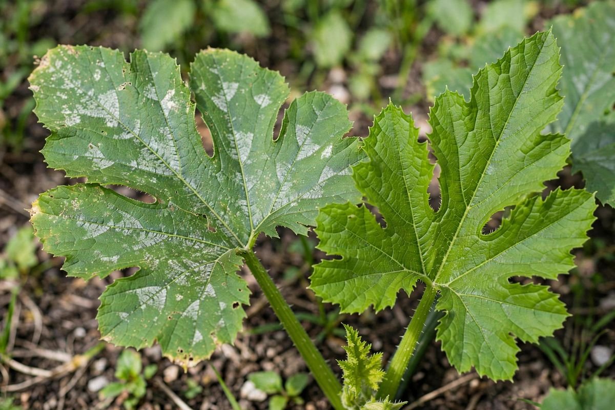 Zucchini leaf with early white powdery mildew patches beside a healthy green leaf